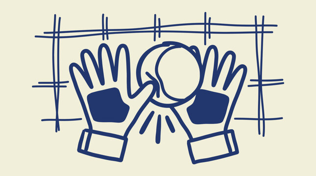 Soccer goalkeeper making a dramatic save with gloved hands at the goal line, decisive match moment illustration for football sports content, fan merchandise and goalkeeper apparel