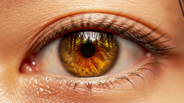 Human eye with forest reflection ideal for sleek commercial backgrounds and title sequences