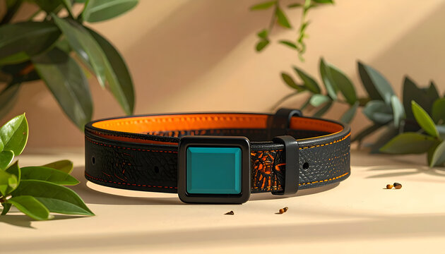 Modern Pet Smart Collar with Digital Display and Natural Greenery Background.
