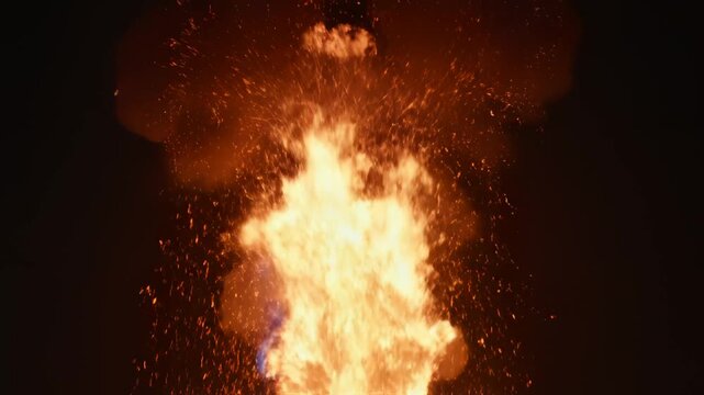 Explosion with fire and smoke highlighting geometric patterns and contemporary art