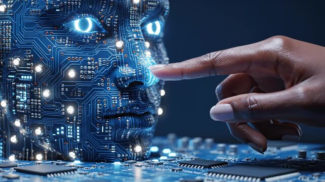 Human finger touching AI face ideal for tech startups and software promos