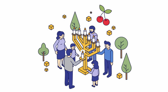 Happy Jewish family lighting Hanukkah menorah candles together celebrating religious holiday festival in isometric vector style