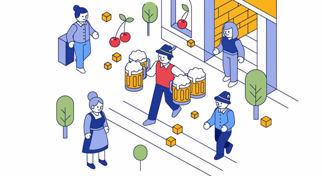 Isometric vector illustration of people celebrating traditional festival with costumes while carrying large beer mugs near an outdoor building area