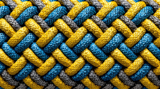 Detailed close-up of tightly woven blue yellow grey rope pattern background textile background