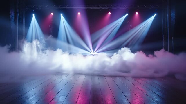 Empty stage with fog and colorful lights highlighting geometric patterns and contemporary art