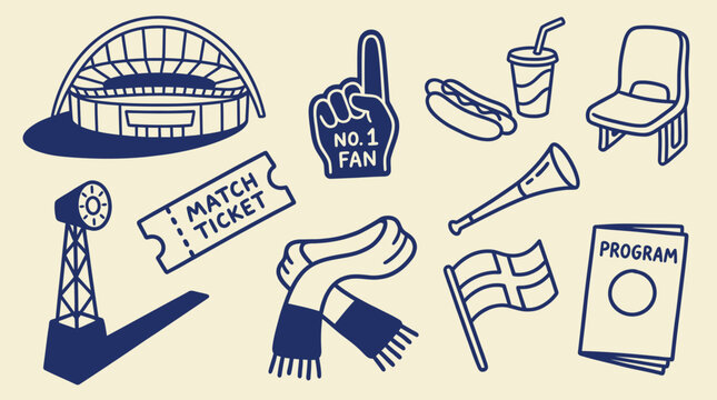 Hand drawn soccer match day fan experience icon set including stadium, ticket, scarf and vuvuzela, football supporter culture illustration for sports event branding and fan merchandise