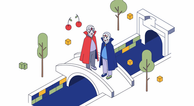 Two men in mask cape on bridge by blue river with tree and cube art