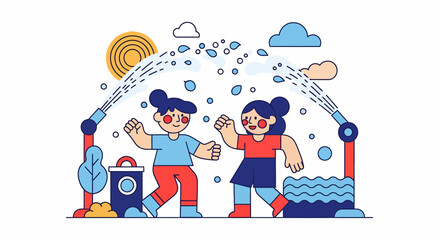 Fototapeta premium Two girls play with water sprinkler on hot sun day in yard for fun joy