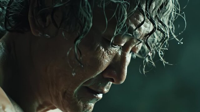 Closeup of a wet person with water dripping ideal for travel vlogs and eco-friendly campaigns