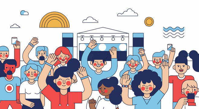 Group dance at music gig stage fun party show live joy fan art sun sky