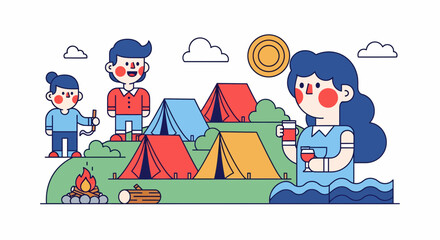 Naklejka premium Camp site with tents people fire hills sun on a summer trip fun day out