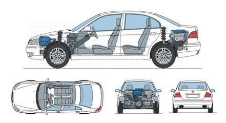 Obraz premium Automobile Cutaway Diagram Showing Internal Components.