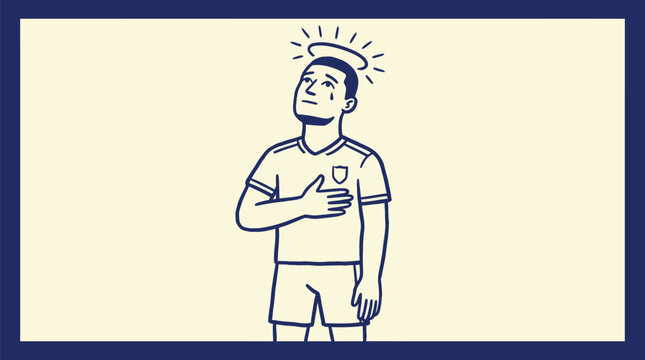 Soccer player standing with hand on chest singing the national anthem with a glowing halo, pride and honor illustration for football fan content, sports culture and patriotic merchandise