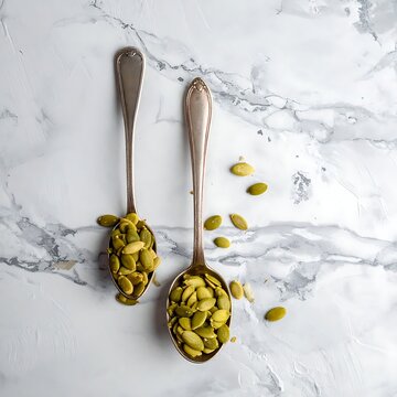 Two spoons filled with pistachios on a marble surface