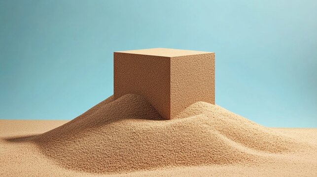 decomposition. Geometric cube fragmenting into a uniform pile of fine sand, illustrating a process of decomposition. ESG reports.