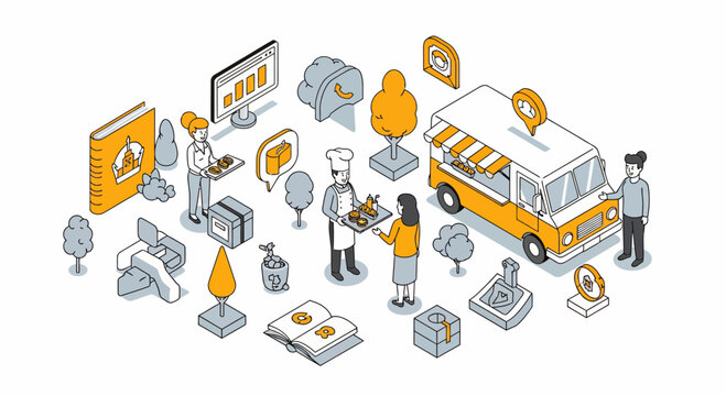 Isometric Street Food Truck Service Chef Customer Menu Icons Summer Business Lunch Market Cafe Meal Professional Staff