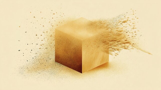 decomposition. Geometric cube fragmenting into a uniform pile of fine sand, illustrating a process of decomposition. ESG reports.