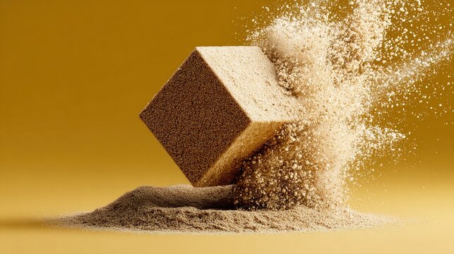 decomposition. Geometric cube fragmenting into a uniform pile of fine sand, illustrating a process of decomposition. ESG reports.
