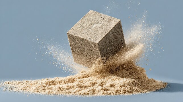 decomposition. Geometric cube fragmenting into a uniform pile of fine sand, illustrating a process of decomposition. ESG reports.