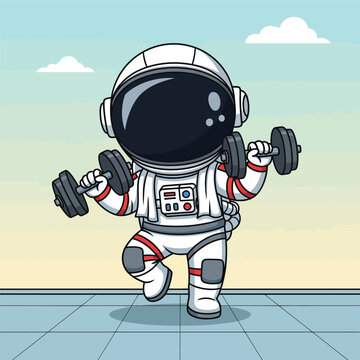 Cute Chibi Astronaut Lifting Dumbbells Illustration - Fitness and Workout Concept in Space - Cartoon Vector Style Character Exercising with Weights