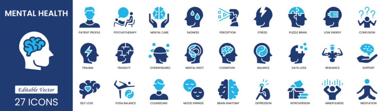 Mental health icon set. Collection of meditation, stress management, anxiety, psychosis, depression and more. Solid icons vector collection. Vector illustration.