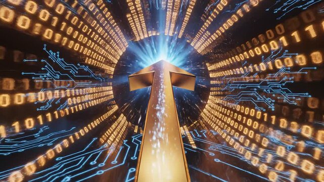 Digital circuit arrow tunnel symbolizing digital transformation and future innovation