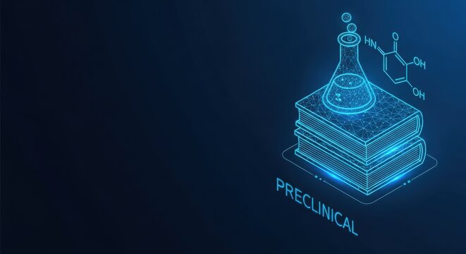 Preclinical Research and Laboratory Flask atop Stacked Books Illustration