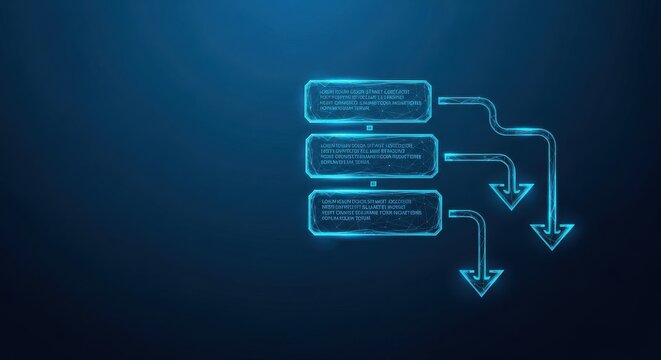 Digital flowchart diagram with glowing blue elements and connecting lines representing technological processes and information flow