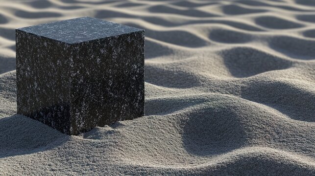 decomposition. Geometric cube fragmenting into a uniform pile of fine sand, illustrating a process of decomposition. ESG reports.