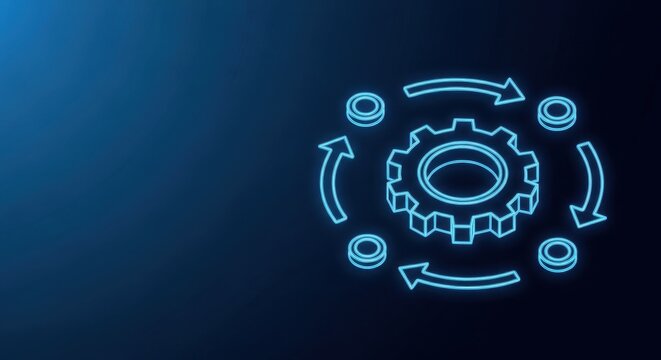 Glowing blue gear and arrows illustrating a seamless automated workflow on a dark background