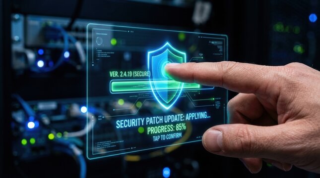 A hand is touching a holographic cybersecurity shield as a security patch update is applying in a tech setting surrounded by network devices.