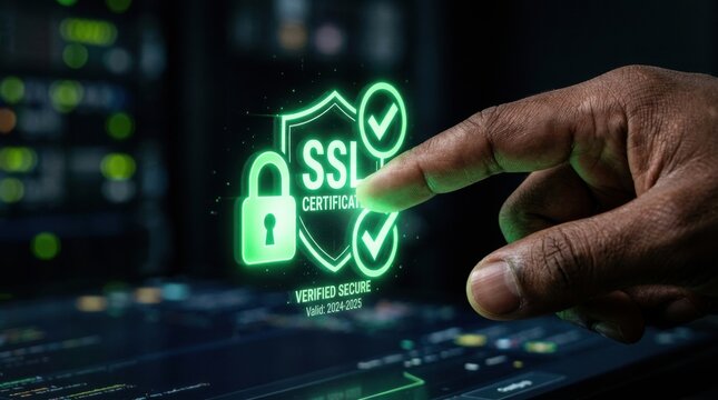 A hand touches a holographic security shield displaying SSL certification on a digital interface in a tech environment at night.