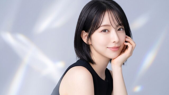 やわらかな微笑みを浮かべて頬杖をつく若い女性のビューティーポートレート。黒のノースリーブトップスとショートボブヘアが映える、透明感のある肌と洗練された表情を引き立てた、スキンケア、コスメ、美容医療、ヘアケア、ライフスタイル、女性向け広告やブランドビジュアルに使いやすい高解像度イメージ素材