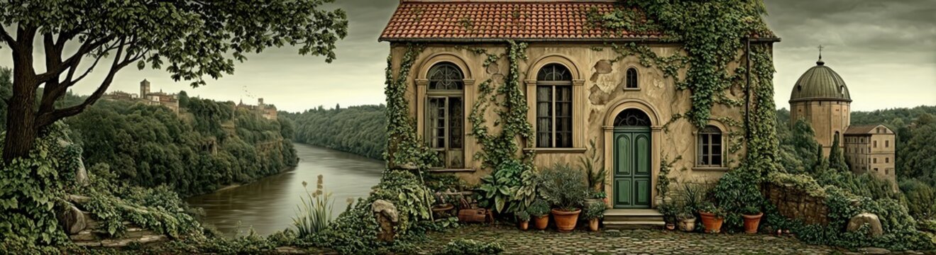 House by the river with plants and trees in a quiet setting