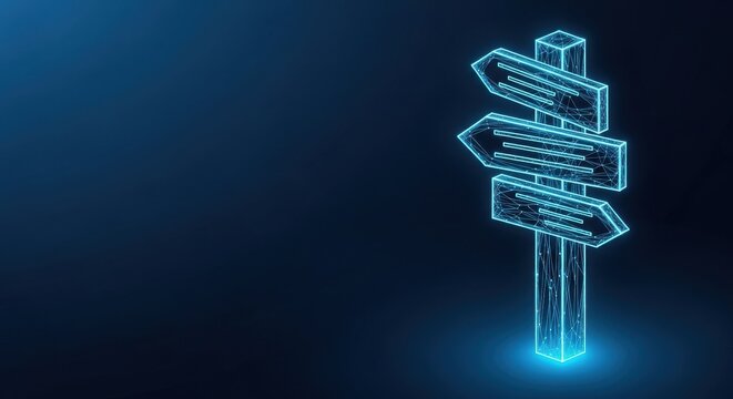 Glowing Neon Blue Digital Signpost with Multiple Arrows Pointing in Different Directions, Illustrating Choices and Decisions