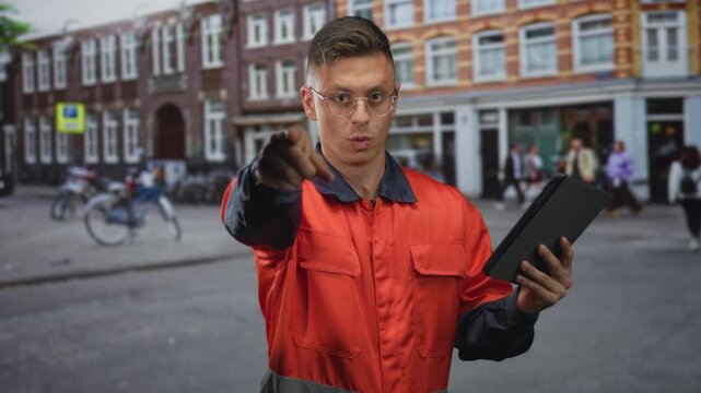 Man mechanic in orange coverall holding tablet and pointing finger on a busy city street with bicycles and storefront buildings; professional confidence.