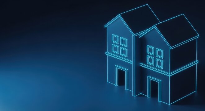 Futuristic neon blueprint of a modern duplex townhouse structure glowing blue on a dark gradient background.