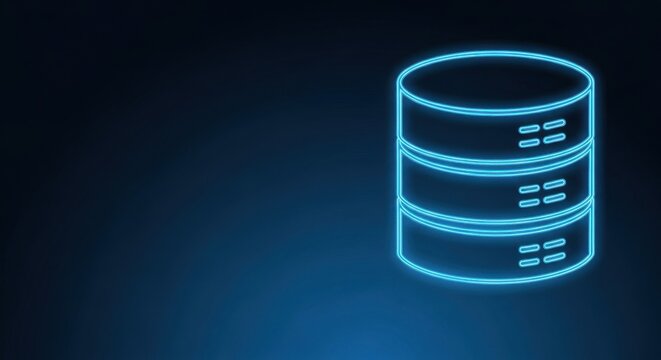 Glowing Blue Neon Database Icon on Dark Digital Background