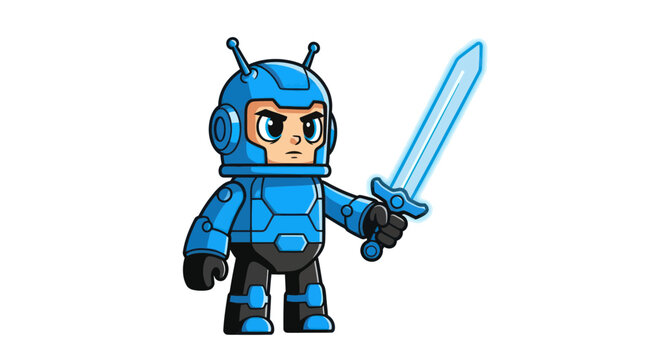 Cartoon robot warrior with sword, futuristic character, blue armor, ready for action
