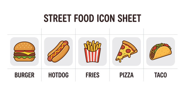 Street food icons organized in a grid layout for easy reference