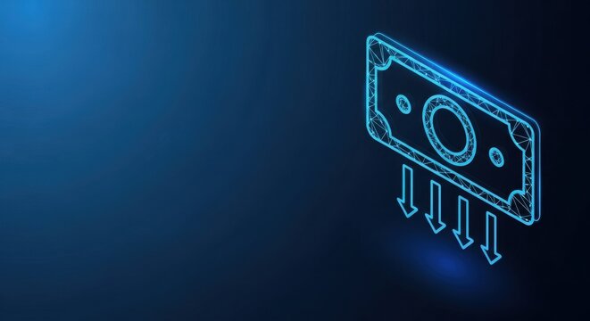 Neon wireframe banknote illustration showing financial decrease with downward arrows on a dark blue background