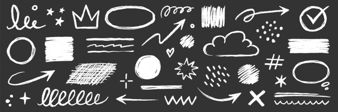 Chalk board underline arrow set. Chalk line hand drawn arrow doodle on chalkboard, blackboard texture. Scribble circle star, heart, crown cute school sign decoration background. Vector illustration