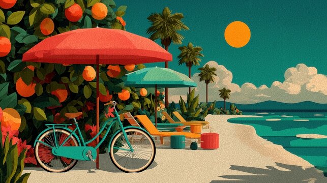 Sunlit beach scene with umbrellas and bike by the shore