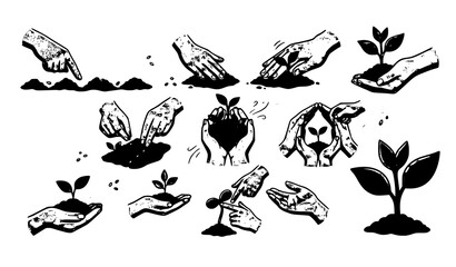 Obraz premium Agriculture ecology sketch vector set of hands planting seeds with soil and green sprouts for environmental sustainability and nature conservation concept