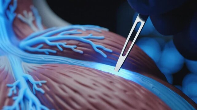 Macro shot of a thin acupuncture needle precisely inserted into glowing blue tissue and muscle, representing modern medical treatment and healing.