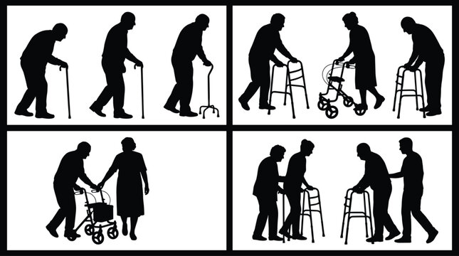 Elderly people silhouettes with walkers and canes senior care assistance mobility support figures isolated on white background