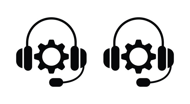 Customer service headset icon collection with gear symbols in gray black and blue for technical support and communication design