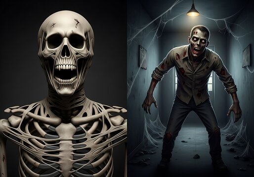 Spooky Halloween - Skeleton and Zombie in Dark Setting.