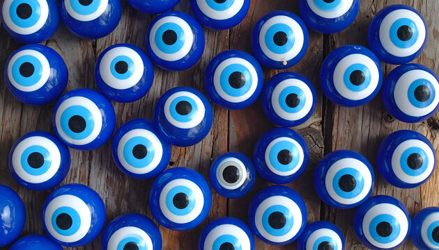 A Collection of Blue Evil Eye Charms Scattered on a Wooden Surface.