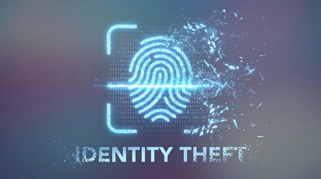 Glowing blue fingerprint with shattered effect represents identity theft concept